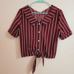 Korean Style Maroon Knot Hem Striped Crop Blouse